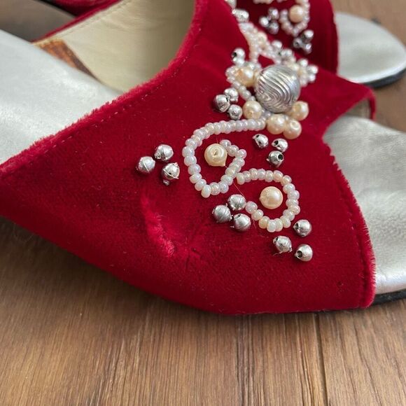 70s Amalfi by Rangoni Red Velvet Open Toe Mules Block Heel 7.5 Narrow - Picture 8 of 9